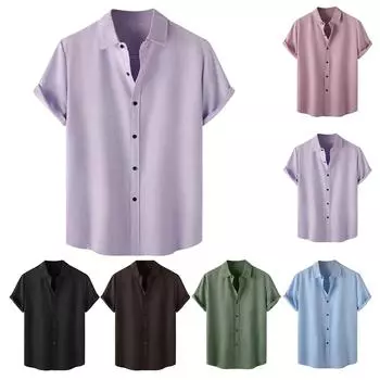 Мужская весенне-летняя повседневная льняная однотонная рубашка с коротким рукавом, свободная рубашка с отложным воротником L чёрный