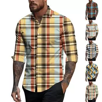 Мужская весенне-летняя повседневная мужская рубашка с длинным рукавом и клетчатым принтом, мужской топ L