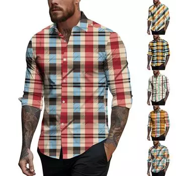 Мужская весенне-летняя повседневная мужская рубашка с длинным рукавом и клетчатым принтом, мужской топ L
