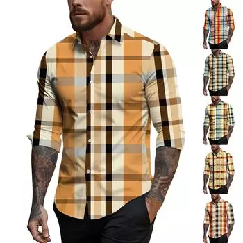 Мужская весенне-летняя повседневная мужская рубашка с длинным рукавом и клетчатым принтом, мужской топ L