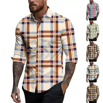 Мужская весенне-летняя повседневная мужская рубашка с длинным рукавом и клетчатым принтом, мужской топ L