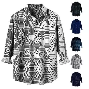 Мужская весенне-летняя повседневная мужская рубашка с градиентным узором и гавайским лацканом с длинным рукавом, мужской топ L чёрный