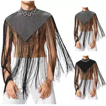 Мужская весенне-летняя повседневная однотонная накидка без рукавов с нерегулярной строчкой, сексуальный жилет с высоким воротником и кисточками, мужской жилет L чёрный