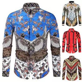 Мужская весенне-летняя повседневная рубашка с длинным рукавом и воротником-стойкой с принтом, верхняя блузка XXL синий