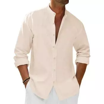 Мужская весенне-летняя рубашка из хлопка и льна с вырезом хенли, однотонная, легкая, в пляжном стиле, для отпуска, с длинным рукавом S бежевый