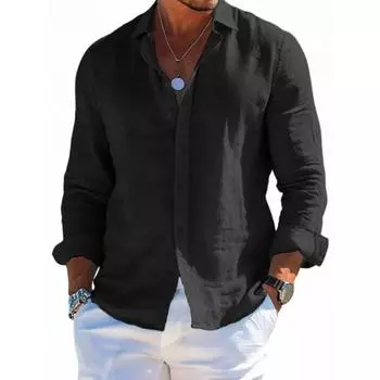 Мужская весенне-летняя рубашка с длинным рукавом, смесь хлопка и льна, повседневный свободный крой, однотонная, воротник с лацканами, однобортная S чёрный