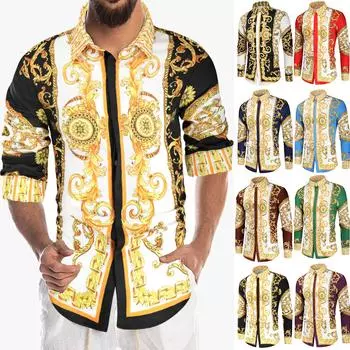 Мужская весенне-летняя свободная повседневная повседневная рубашка с длинным рукавом и воротником-стойкой с принтом Топ Блузка M чёрный