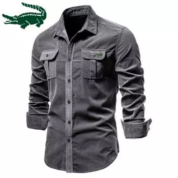 Мужская весенне-осенняя хлопковая базовая вельветовая мужская деловая рубашка, приталенная повседневная рубашка, новое мужское пальто с длинными рукавами M армия зеленый