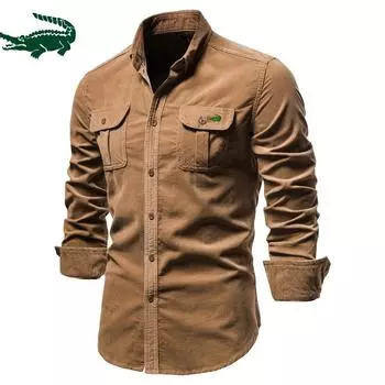 Мужская весенне-осенняя хлопковая базовая вельветовая мужская деловая рубашка, приталенная повседневная рубашка, новое мужское пальто с длинными рукавами M армия зеленый