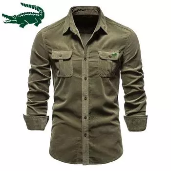 Мужская весенне-осенняя хлопковая базовая вельветовая мужская деловая рубашка, приталенная повседневная рубашка, новое мужское пальто с длинными рукавами M армия зеленый