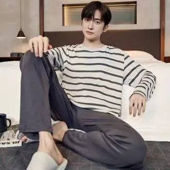 Мужская весенне-осенняя корейская пижама с длинными рукавами, повседневный комплект из двух частей с длинными рукавами, длинные брюки, домашняя одежда, костюм L