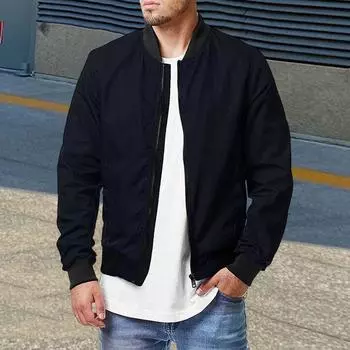 Мужская весенне-осенняя куртка с воротником-стойкой и длинным рукавом, однотонное бейсбольное пальто с карманами, верхняя одежда в бейсбольном стиле с карманами на молнии M чёрный