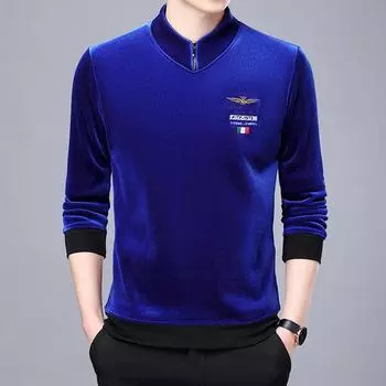 Мужская весенне-осенняя модная золотая бархатная футболка с длинным рукавом, повседневная мужская рубашка с воротником-стойкой и вышивкой, пуловер большого размера M