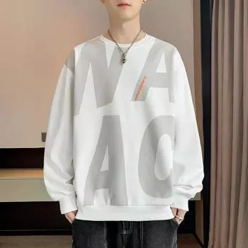 Мужская весенне-осенняя новая нижняя рубашка с длинным рукавом, футболка с круглым вырезом и принтом, большой размер, мужской топ M