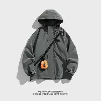 Мужская весенне-осенняя новая свободная походная куртка ветрозащитная уличная ветровка с капюшоном S чёрный