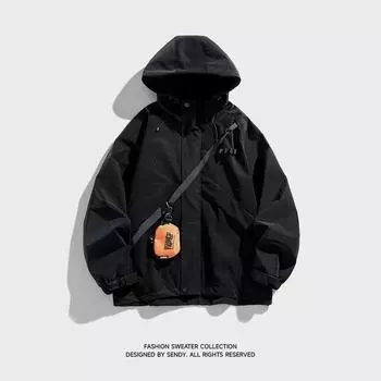 Мужская весенне-осенняя новая свободная походная куртка ветрозащитная уличная ветровка с капюшоном L чёрный