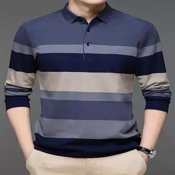 Мужская весенне-осенняя новинка, рубашка поло с длинным рукавом для людей среднего возраста и молодежи, осенняя одежда, полосатая футболка с воротником S синий