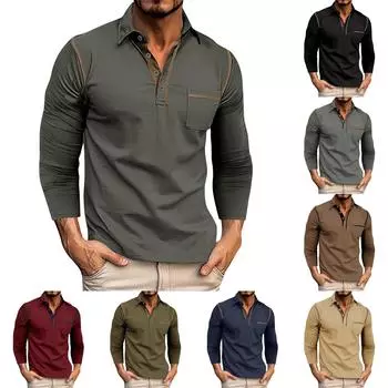 Мужская весенне-осенняя однотонная футболка с лацканами, 3 пуговицы, открытая планка и пуговицы, топ с длинными рукавами XXL