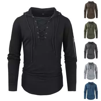 Мужская весенне-осенняя однотонная спортивная уличная толстовка с капюшоном на шнуровке и карманом на молнии L