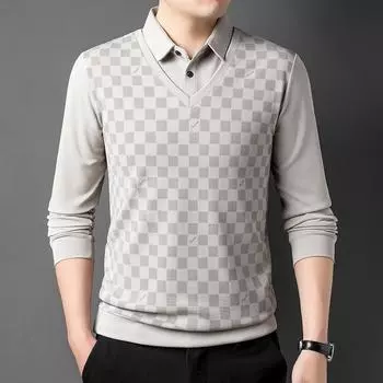 Мужская весенне-осенняя принтованная контрастная цветная футболка с геометрическим узором, отложной воротник, длинный рукав, имитация двух частей, модные топы L синий