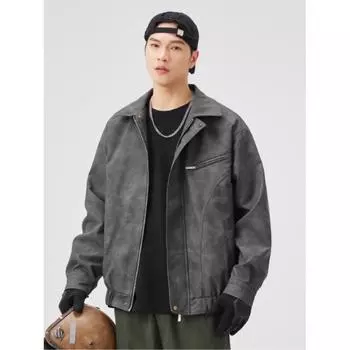 Мужская весенне-осенняя свободная куртка из искусственной кожи для молодежи с длинными рукавами и индивидуальными лацканами 4XL серый