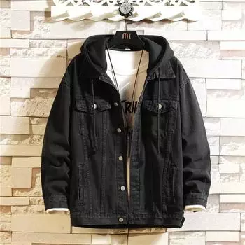 Мужская весенне-осенняя свободная повседневная джинсовая куртка большого размера с капюшоном XXXXXL чёрный