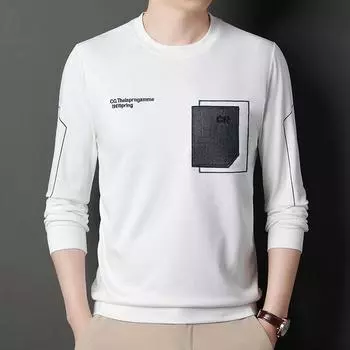 Мужская весенне-осенняя тонкая однотонная толстовка с круглым вырезом и вышивкой, молодежная модная повседневная базовая футболка M