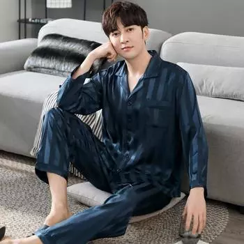 Мужская весенне-осенняя тонкая пижама с длинным рукавом, корейская версия большого размера, комплект для отдыха, домашняя одежда из ледяного шелка L темно-синий