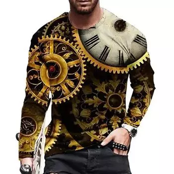 Мужская весенне-осенняя винтажная классическая футболка с круглым воротником и длинным рукавом с 3D-принтом, повседневная футболка, модный тренд, одежда больших размеров S