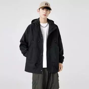 Мужская весенняя куртка карго с капюшоном, карманами большой вместимости, уличная, ветрозащитная, для кемпинга, пеших прогулок, модная верхняя одежда, свободного кроя M чёрный