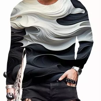 Мужская весенняя мода 3D цифровой контрастный цвет узор круглый вырез длинный рукав футболка досуг топы на открытом воздухе спортивная одежда S