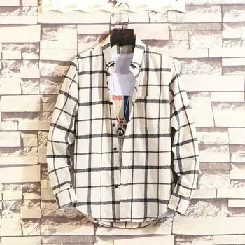 Мужская весенняя модная клетчатая рубашка с лацканами и длинными рукавами XXXL белый