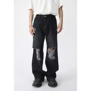 Мужская весенняя новинка, рваная джинсовая ткань, свободная швабра в стиле американского ретро с прямыми штанинами и широкими штанинами S черный серый