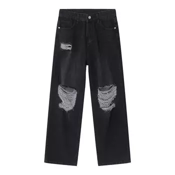 Мужская весенняя новинка, рваная джинсовая ткань, свободная швабра в стиле американского ретро с прямыми штанинами и широкими штанинами S черный серый