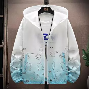 Мужская весенняя повседневная легкая куртка больших размеров с капюшоном и принтом медведя на молнии M