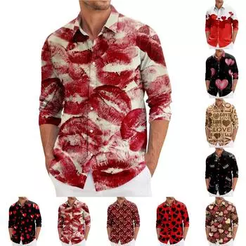 Мужская весенняя повседневная свободная рубашка с длинным рукавом с принтом Мужская рубашка L винный