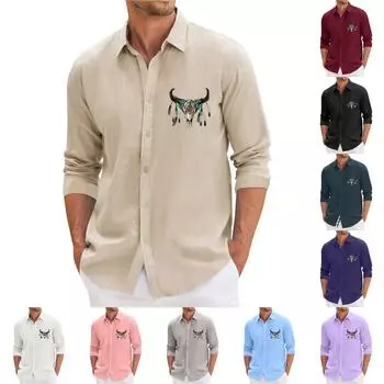 Мужская весенняя повседневная свободная рубашка с длинным рукавом с принтом Мужская рубашка L синий