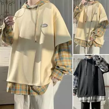 Мужская весенняя рубашка, дышащая искусственная двухсекционная свободная пуловер с длинными рукавами, теплая мужская осенняя рубашка с капюшоном и шнурком средней длины, мужская одежда 2XL абрикосовый