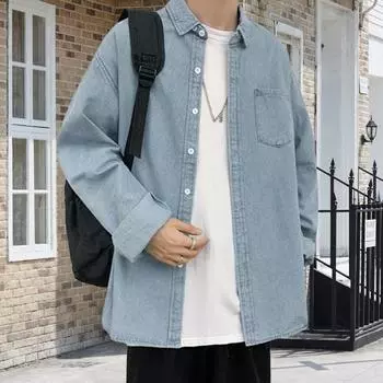 Мужская весенняя рубашка-пальто с отложным воротником и длинными рукавами, свободный однобортный кардиган с воротником на груди и карманом, однотонный школьный повседневный деним 3XL светло-синий