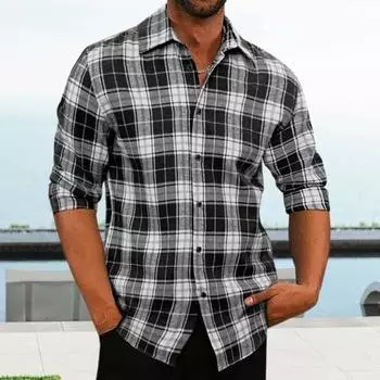 Мужская весенняя рубашка с цветными блоками и клетчатым принтом, однобортная, свободная, с длинными рукавами и пуговицами на лацканах, уличная одежда, повседневный кардиган, деловая рубашка, пальто L чёрный