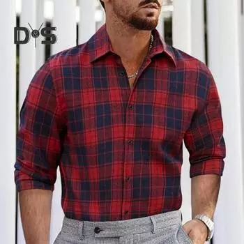 Мужская весенняя рубашка с цветными блоками и клетчатым принтом, однобортная, свободная, с длинными рукавами и пуговицами на лацканах, уличная одежда, повседневный кардиган, деловая рубашка, пальто M оранжевый