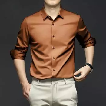 Мужская весенняя рубашка с отложным воротником, атласный однобортный облегающий кардиган с длинными рукавами, мягкий дышащий повседневный мужской офисный топ средней длины 2XL хаки