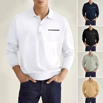 Мужская весенняя рубашка с отложным воротником и длинным рукавом, накладной карман, однотонный пуловер на пуговицах средней длины, свободный повседневный деловой топ L темно-синий