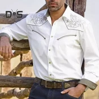 Мужская весенняя рубашка с винтажным ковбойским принтом в стиле вестерн, однобортная приталенная рубашка с длинным рукавом и отложным воротником на пуговицах, уличная одежда, повседневная деловая рубашка-кардиган L белый