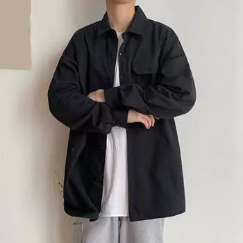 Мужская весенняя рубашка, свободный однобортный свободный отложной воротник с карманами, однотонный кардиган средней длины, повседневный мягкий дышащий мужской топ 2XL чёрный