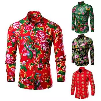 Мужская весенняя рубашка в китайском северо-восточном стиле с красочным пышным цветочным принтом и отложным воротником, однобортная облегающая повседневная модель с длинными рукавами 3XL