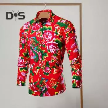 Мужская весенняя рубашка в китайском северо-восточном стиле с красочным пышным цветочным принтом и отложным воротником, однобортный облегающий повседневный топ с длинными рукавами 3XL красный