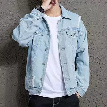 Мужская весенняя рваная джинсовая куртка, уличная джинсовая куртка, осенние джинсы оверсайз с длинными рукавами, винтажное мужское пальто XXXL светло-синий