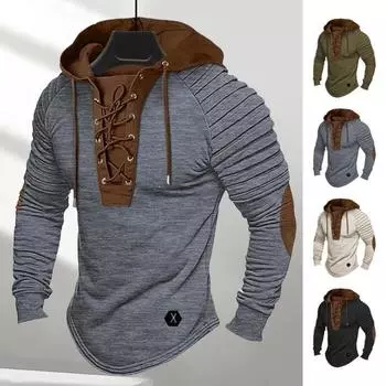Мужская весенняя толстовка с капюшоном, плиссированная на плечах, цветной блок, с завязками, с капюшоном, длинный рукав, пуловер M армия зеленый