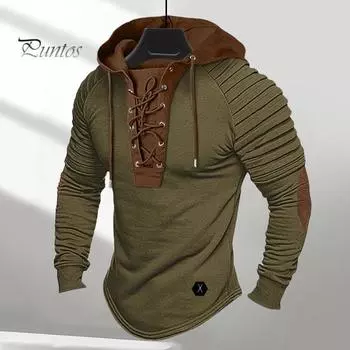 Мужская весенняя толстовка с капюшоном, плиссированная на плечах, цветной блок, завязка на шнурок, длинный рукав, пуловер, шнуровка, ретро, повседневная спортивная толстовка с капюшоном M темно-серого